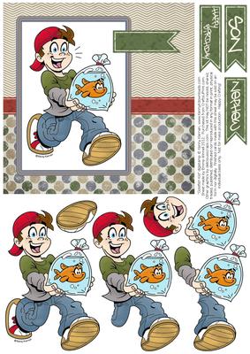 Goldfish Kid - 6x6 Decoupage Card - Khaki, Denim & Red 2