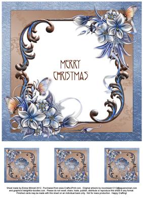 Christmas Winter Flowers 8x8 Insert & Tags - Blue & Brown