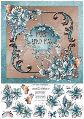 Christmas Winter Flowers 8x8 Decoupage Card - Aqua & Brown