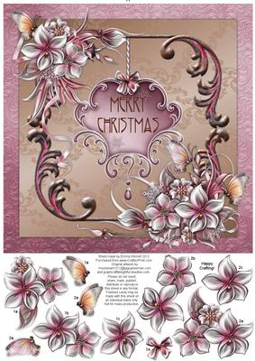 Christmas Winter Flowers 8x8 Decoupage Card - Pink & Brown
