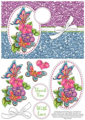 Glittery Butterflies & Flowers Decoupage Card - Blue & Lilac