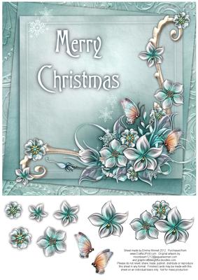 Merry Christmas Winter Flowers 8x8 Decoupage Card - Aqua