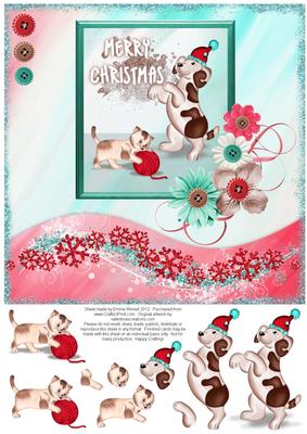 Dog & Cat Playing 8x8 Christmas Decoupage Card - Red & Mint