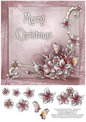 Merry Christmas Winter Flowers 8x8 Decoupage Card - Pink