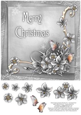 Merry Christmas Winter Flowers 8x8 Decoupage Card - Silver
