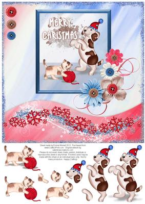 Dog & Cat Playing 8x8 Christmas Decoupage Card - Red & Blue