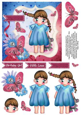 Cute Girl 6x6 Decoupage Card - Hot Pink & Blue