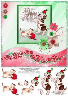 Dog & Cat Playing 8x8 Christmas Decoupage Card - Red & Green