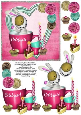 Cute Bunny & Cake 6x6 Decoupage - Celebrate! - Pink & Aqua
