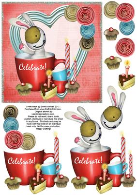 Cute Bunny & Cake 6x6 Decoupage - Celebrate! - Red & Blue