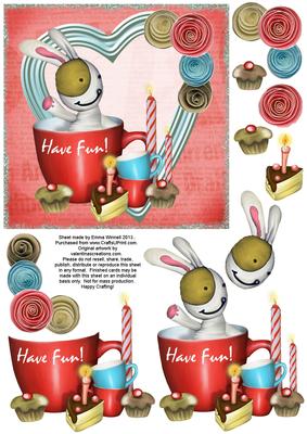 Cute Bunny & Cake 6x6 Decoupage - Have Fun! - Red & Blue