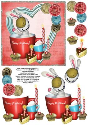 Cute Bunny & Cake 6x6 Decoupage - Birthday - Red & Blue