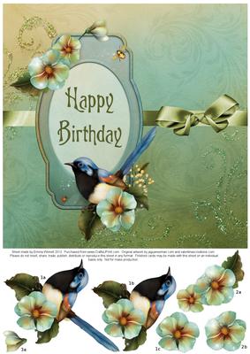 Fairy Wren & Flowers 8x8 Decoupage Card - Birthday