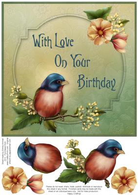 Lazuli Bunting & Flowers 8x8 Decoupage Card - Birthday