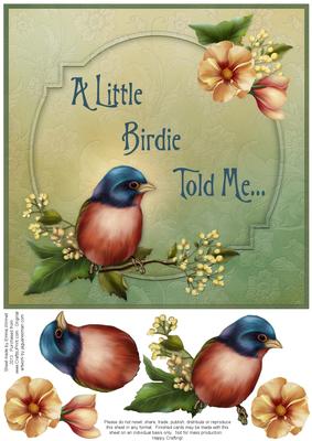 Lazuli Bunting & Flowers 8x8 Decoupage Card - Little Birdie