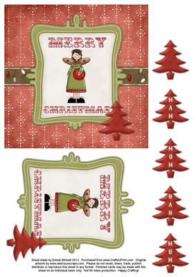 Merry Christmas Girl 6x6 Decoupage Card - Red & Green 1