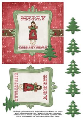 Merry Christmas Girl 6x6 Decoupage Card - Red & Green 2