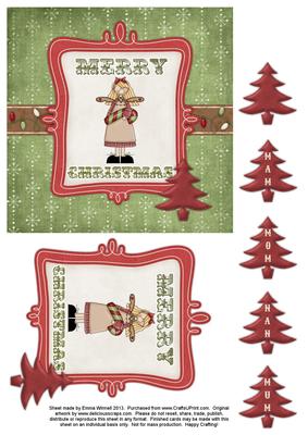 Merry Christmas Girl 6x6 Decoupage Card - Red & Green 3
