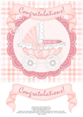 Congratulations Pram 8x8 Decoupage Card - Baby Girl - Pink