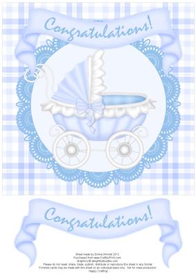 Congratulations Pram 8x8 Decoupage Card - Baby Boy - Blue