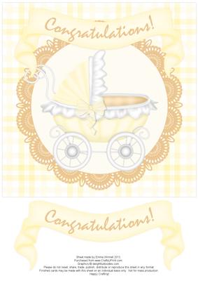 Congratulations Pram 8x8 Decoupage Card - Baby - Yellow