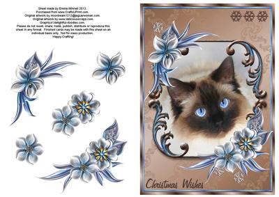 Christmas Wishes Cat A5 Decoupage Card Front - Blue & Brown