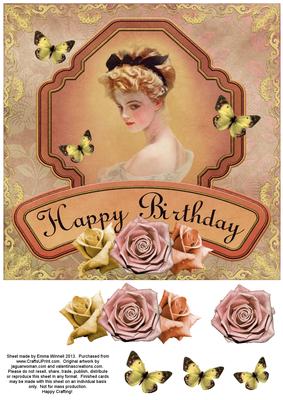 Vintage Lady in Frame 8x8 Decoupage Card 2 - Peach & Lemon