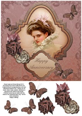 Vintage Lady in Frame 8x8 Decoupage Card 4 - Pink & Plum