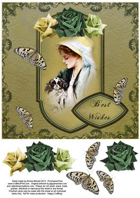 Vintage Lady in Frame 8x8 Decoupage Card 5 - Green & Lemon