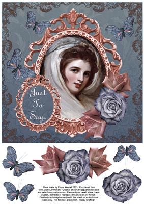 Vintage Lady in Frame 8x8 Decoupage Card 6 - Blue & Pink