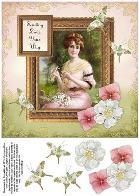 Vintage Lady in Frame 8x8 Decoupage Card 7 - Pink & Green