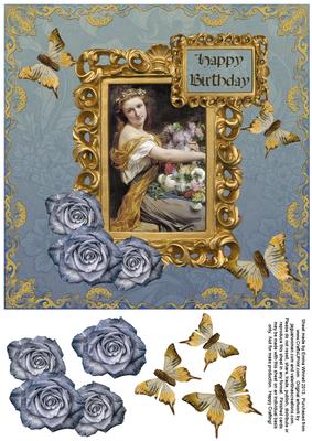 Vintage Lady in Frame 8x8 Decoupage Card 8 - Blue & Gold