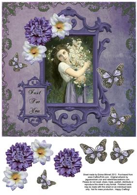 Vintage Lady in Frame 8x8 Decoupage Card 9 - Purple & Green