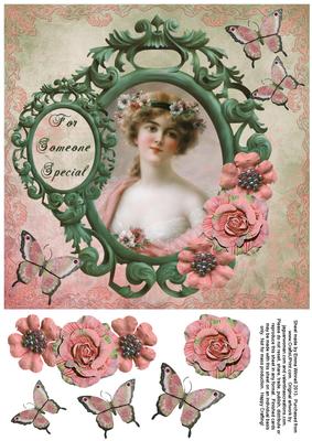 Vintage Lady in Frame 8x8 Decoupage Card 10 - Pink & Green
