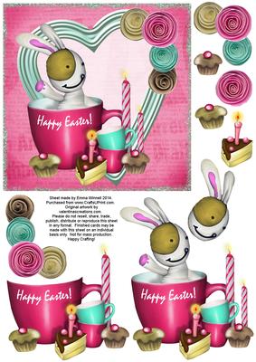 Cute Bunny & Cake 6x6 Decoupage - Happy Easter - Pink & Aqua