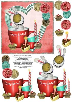 Cute Bunny & Cake 6x6 Decoupage - Happy Easter - Red & Aqua