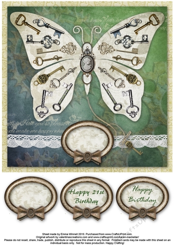Steampunk Gothic Key Butterfly Quick 8x8 Card - Green & Teal