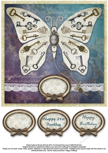 Steampunk Gothic Key Butterfly Quick 8x8 Card - Blue & Purple