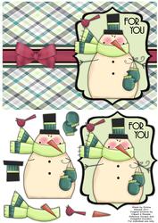Snuggly Snowman with Bird Decoupage Card - Pistachio & Teal