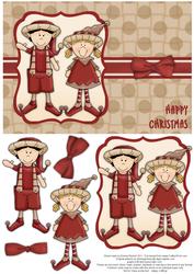 Elves Happy Christmas Decoupage Card - Red & Beige