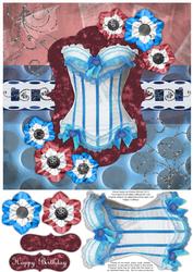 Frilly Corset 8x8 Decoupage Card - Sky Blue & Burgundy