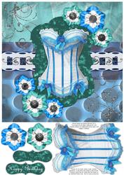 Frilly Corset 8x8 Decoupage Card - Blue, Teal & Aqua