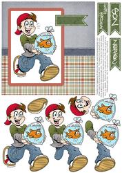 Goldfish Kid - 6x6 Decoupage Card - Khaki, Denim & Red