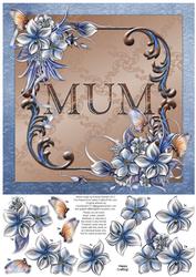 Winter Flowers 8x8 Decoupage Card - Mum - Blue and Brown