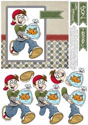 Goldfish Kid - 6x6 Decoupage Card - Khaki, Denim & Red 2