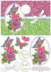 Glittery Butterflies & Flowers Decoupage Card - Pink & Green