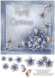 Merry Christmas Winter Flowers 8x8 Decoupage Card - Blue