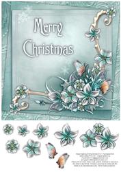 Merry Christmas Winter Flowers 8x8 Decoupage Card - Aqua