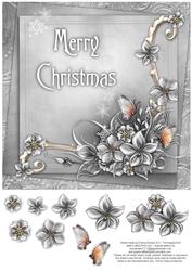 Merry Christmas Winter Flowers 8x8 Decoupage Card - Silver