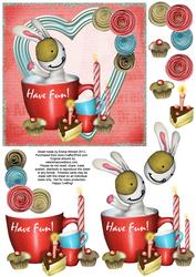 Cute Bunny & Cake 6x6 Decoupage - Have Fun! - Red & Blue